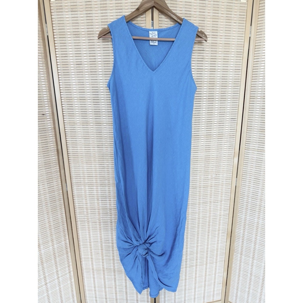Match Point 100% Linen Knotted Front Maxi Dress Large Blue USA Made Lagenlook